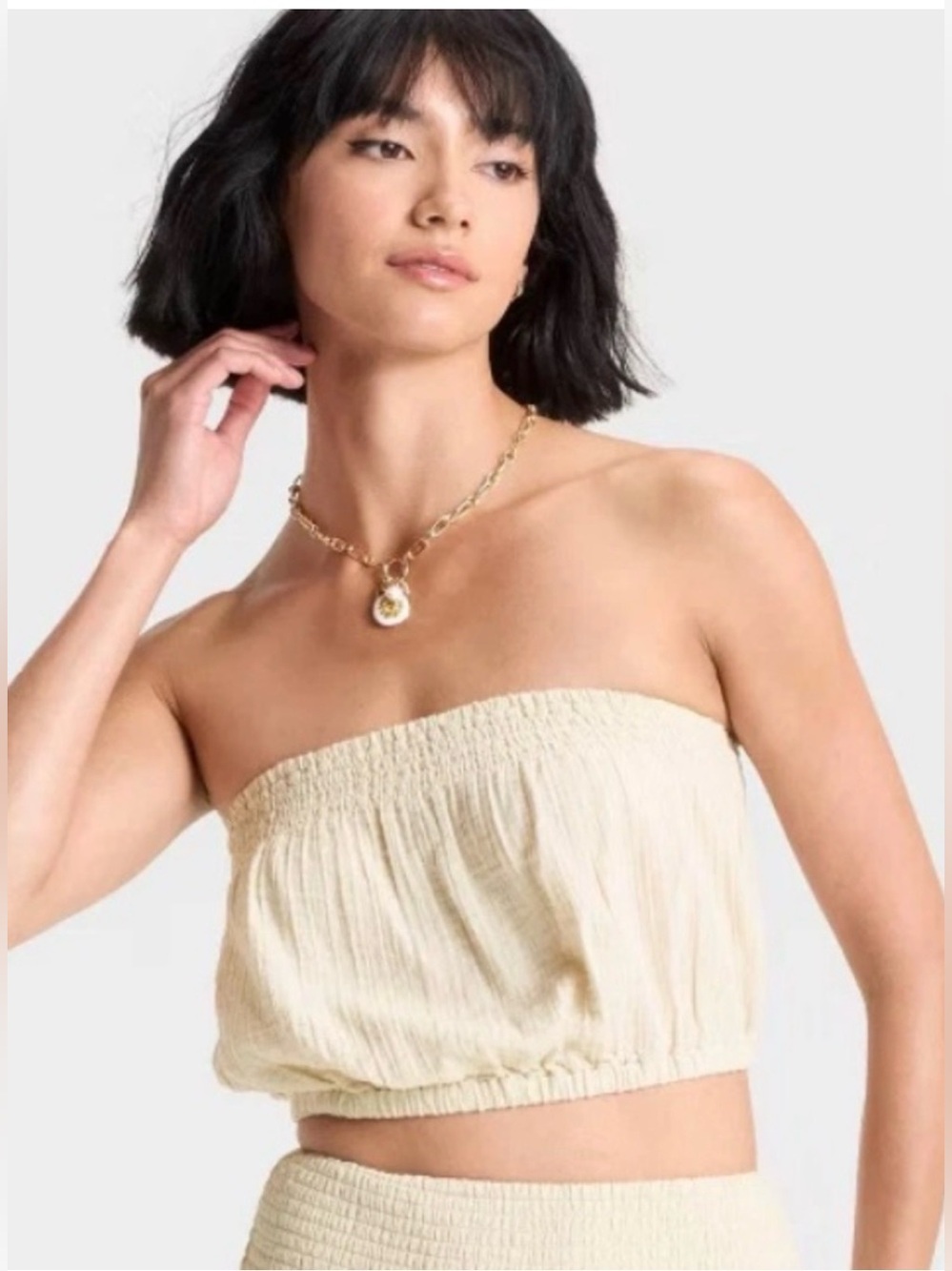 Smocked strapless tube top Crinkle Gauze Tube Top tan/beige Size: Small - Picture 8 of 9
